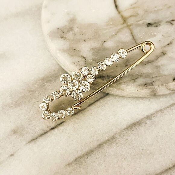 Vintage Umbrella Brooch Pin - Clear Crystal, Gold-Toned Metal, Unsigned - Picture 1 of 6